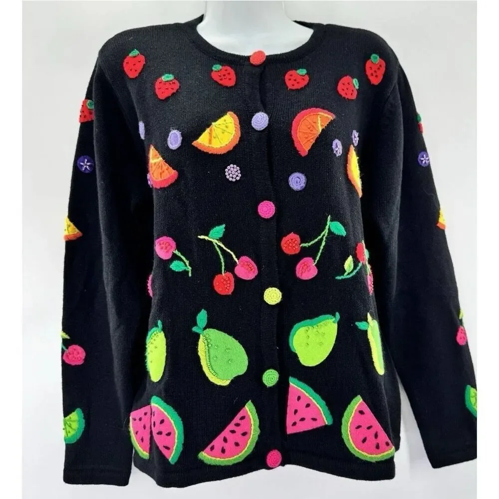 VTG Y2K Talbots Black Fun Cardigan Sweater Bright Fruit Appliqué And Hand Beadin